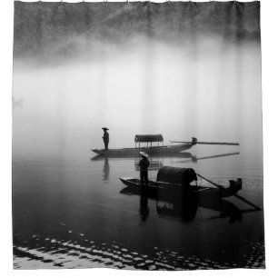 CORTINA DE DUCHA FOTO DE GRAYSCALE DE DOS BARCOS DE FILA