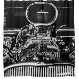 CORTINA DE DUCHA FOTOGRAFÍA DE GRAYSCALE DEL MOTOR DE VINTAGE CAR
