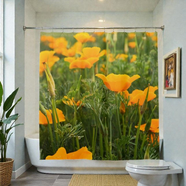 Cortina De Ducha Fotografía del remiendo de la amapola de (Colorful California Poppy photograph shower curtain)