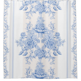Cortina De Ducha Francés, chic, vintage, azul pálido, blanco,país