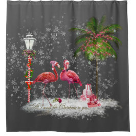 Cortina De Ducha Frase de Natal Com Casal de Flamingos