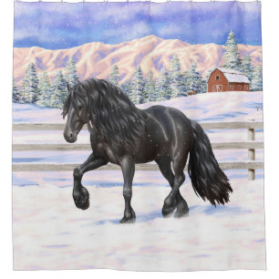 Cortina De Ducha Fraude negro de caballo trotando con nieve