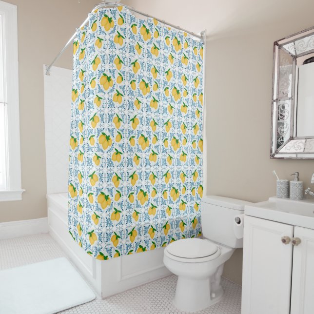 Cortina De Ducha French Country Lemon Blue Floral Tile Pattern (In situ)