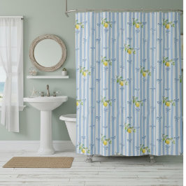 Cortina De Ducha French Country Lemon – Blue Stripe Bow Pattern