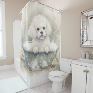 Cortina De Ducha Frisa De Bichón En Bañera Acuarela Perro Arte