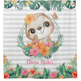 Cortina De Ducha Fronteras tropicales Hibiscus Flowers Sloth Person