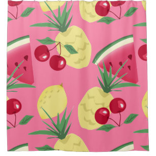 Cortina De Ducha Frutas jugosas en un fondo rosado.