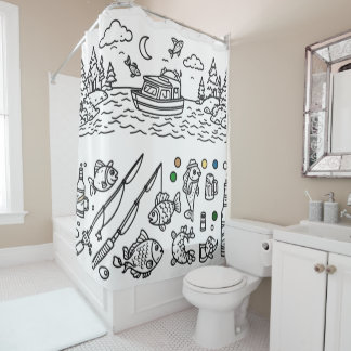 Cortina De Ducha Fun Fishing Adventure Doodle Art