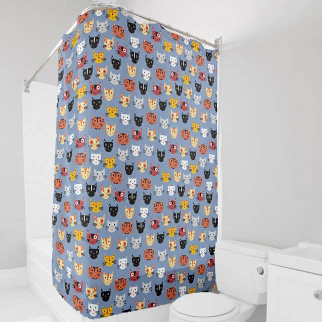 Cortina De Ducha Fun Kitty Cat Pattern Blue (Fun Kitty Cat blue pattern shower curtain)