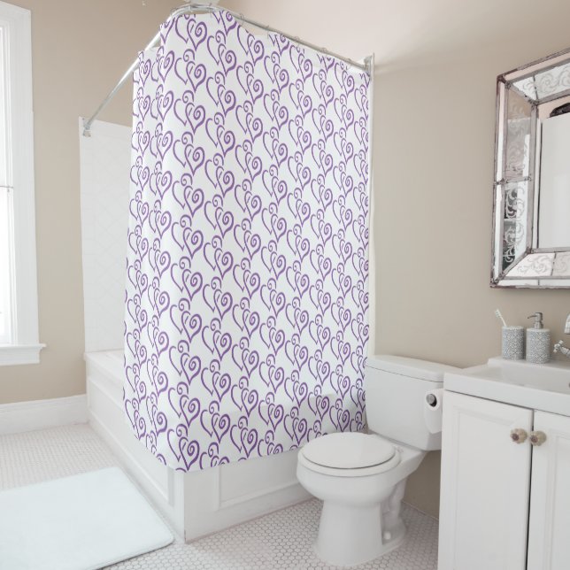 Cortina De Ducha Fun Purple Lined Heart Pattern Over White  (In situ)