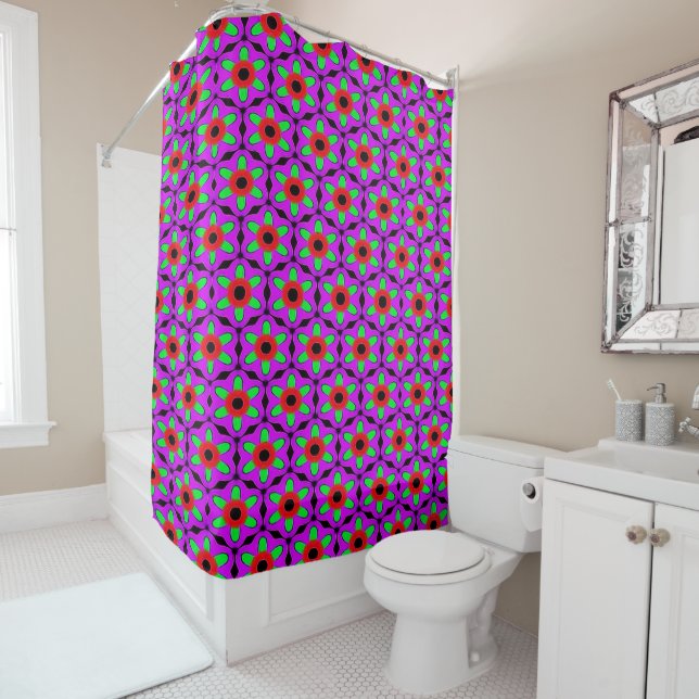 Cortina De Ducha Funky Red and Purple Fuchsia Flower Pattern (In situ)