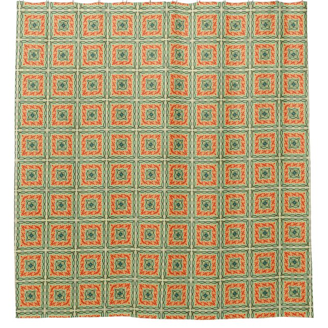 Cortina De Ducha Funky Retro Square Tile Pattern, Naranja y Verdes (Anverso)