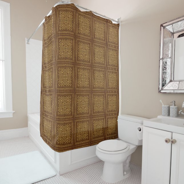 Cortina De Ducha Funky Retro Square Tile Pattern, Otoño Browns (In situ)