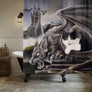 Cortina De Ducha Gargoyle de gato blanco negro