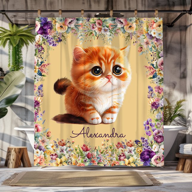 Cortina De Ducha Gatito lindo con flores acuáticas de primavera (Subido por el creador)