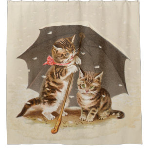 Cortina De Ducha Gatitos antiguos bajo paraguas arte de gato antigu