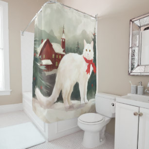 Cortina De Ducha Gato Angora Turco en Navidad con Nieve