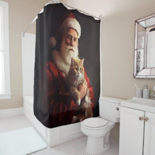 Cortina De Ducha Gato Angora Turco Santa Claus Festivo Navidad