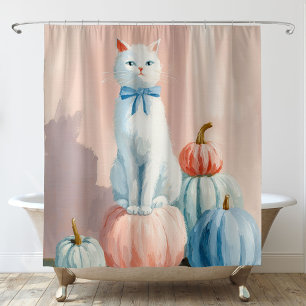 Cortina De Ducha Gato Blanco de Otoño con Calabazas