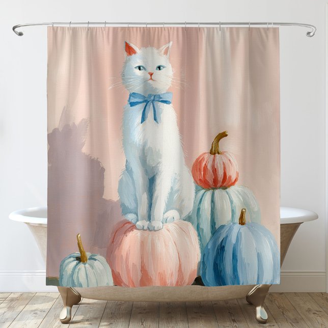 Cortina De Ducha Gato Blanco de Otoño con Calabazas (Subido por el creador)