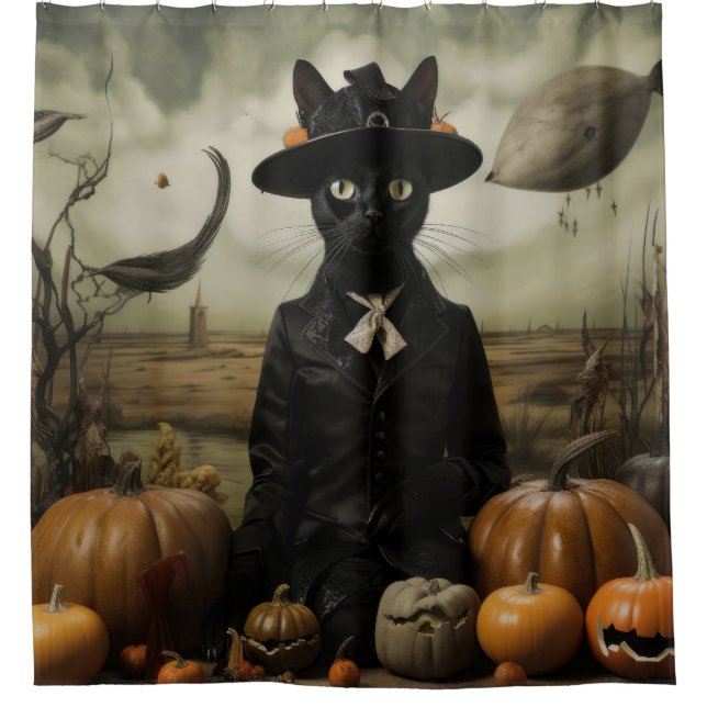 Cortina De Ducha Gato Bruja con Calabazas  (Anverso)