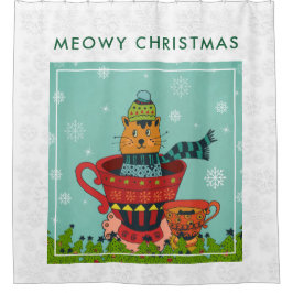 Cortina De Ducha Gato caprichoso sentado en una taza de té Navidade