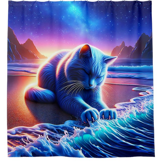 Cortina De Ducha "Gato celeste junto al agua" (Anverso)