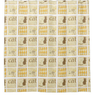 Cortina De Ducha Gato de Brown y pájaro amarillo de Chariklia