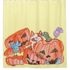 Cortina De Ducha Gato de Halloween y calabazas aplastadas