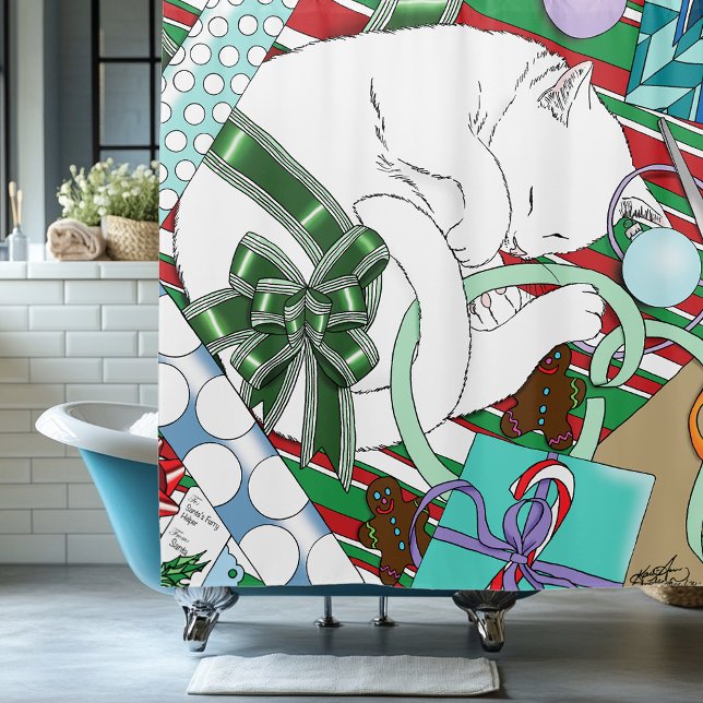 Cortina De Ducha Gato de Navidades blancos (Subido por el creador)