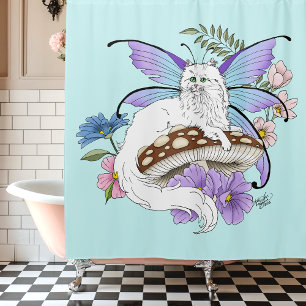Cortina De Ducha Gato Hada Caprichoso Blanco Hongo Azul Fantasía