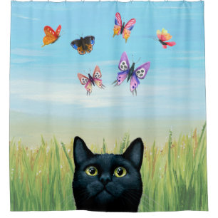 Cortina De Ducha Gato negro Cat 606 con mariposas Naturaleza