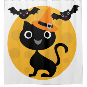 Cortina De Ducha Gato negro de Halloween, luna, murciélagos