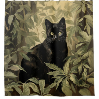Cortina De Ducha Gato negro en un bosque exuberante