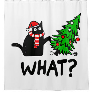 Cortina De Ducha Gato negro gracioso apretando el árbol de Navidad