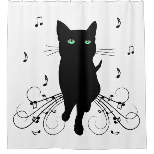 Cortina De Ducha Gato negro rodeado de notas susurrantes de música