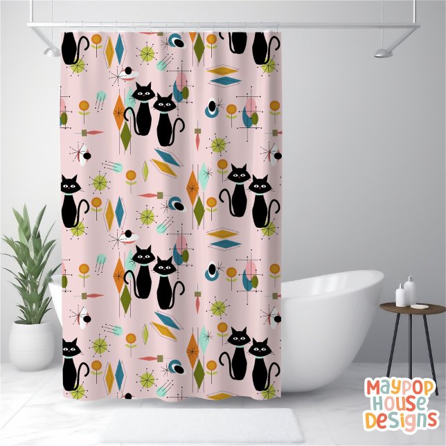 Cortina De Ducha Gatos atómicos moderados de mediados de siglo rosa (atomic cat pink retro mid century modern shower curtain)