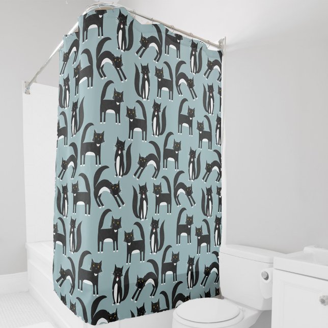 Cortina De Ducha Gatos blancos y negros (Black and white Tuxedo Cat pattern shower curtain on a teal blue green background)