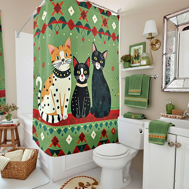 Cortina De Ducha Gatos retro de Navidad (Subido por el creador)