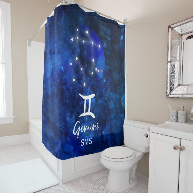 Cortina De Ducha Gemini Constelación Zodiaca Galaxia Azul Monograma (In situ)