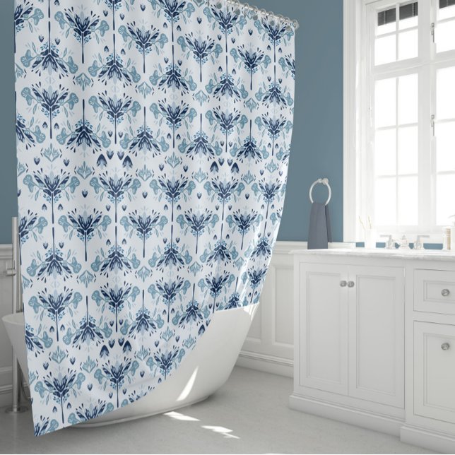 Cortina De Ducha Geométrico Floral Azul (Blue Floral Garden Arts And Crafts Geometric Shower Curtain by Studio Posies.)