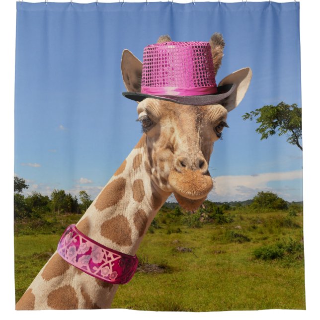 Cortina De Ducha Giraffe en gorra rosa brillante (Anverso)