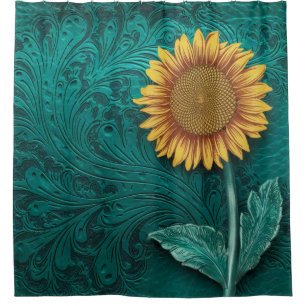 Cortina De Ducha Girasol amarillo con herramientas de cuero verde a