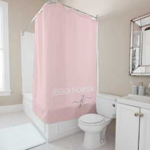 Cortina De Ducha Girly Rubor Rosa Moderno Nombre simple Monograma