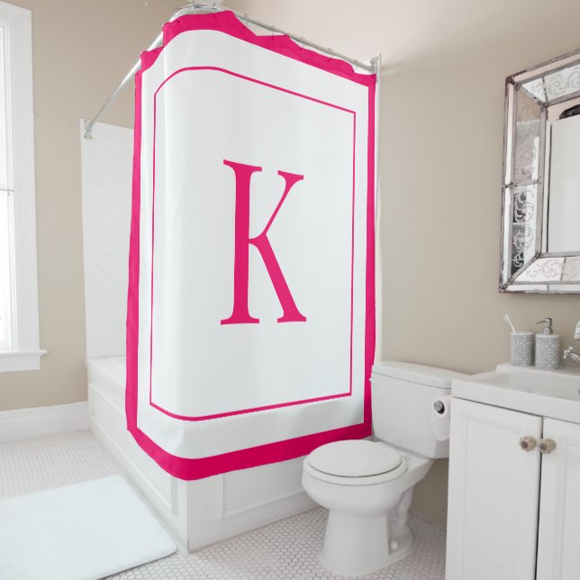Cortina De Ducha Girly White & Fuchsia  Initial Monogram  (In situ)