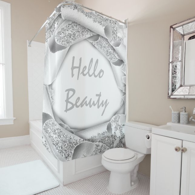 Cortina De Ducha Glam 3D Frame SilVER GRY PURPURINA HELLO Girly (In situ)