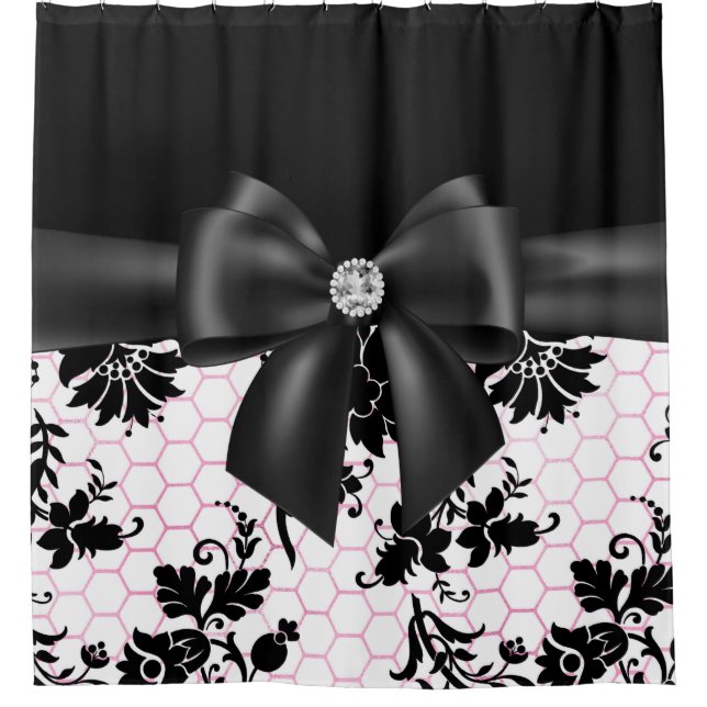 Cortina De Ducha Glam Black Bow-Black Stencil-Blanco Rosa (Anverso)