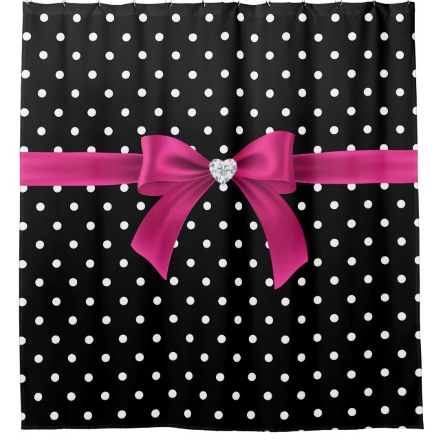 Cortina De Ducha Glam Deep Pink Bow-White Polka Dots-Black (Anverso)