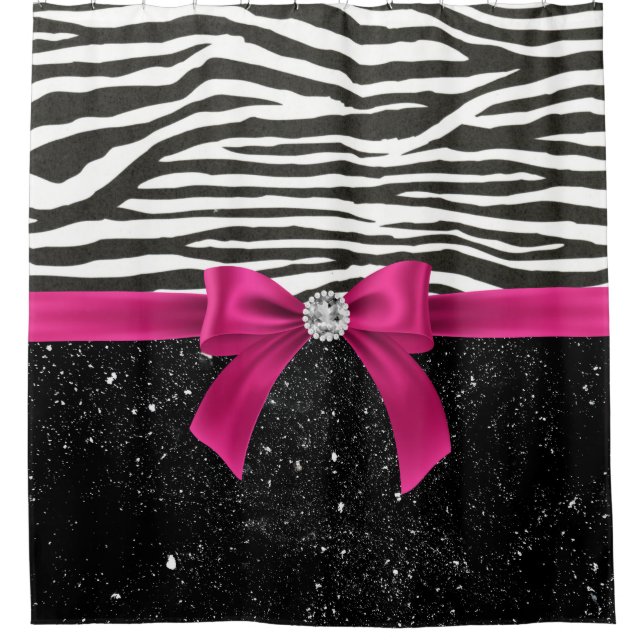 Cortina De Ducha Glam Deep Pink Bow-Zebra Print-Black Sparkle (Anverso)