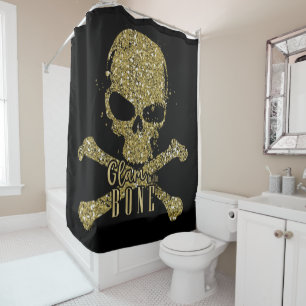 Cortina De Ducha Glam negro hasta el hueso cráneo con brillo dorado